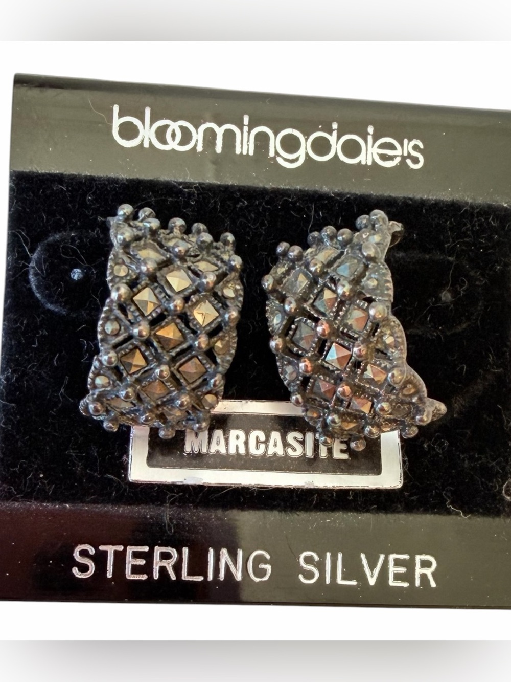 Bloomingdale’s Sterling Silver Marcasite Half Hoop Pierced Earrings NWT